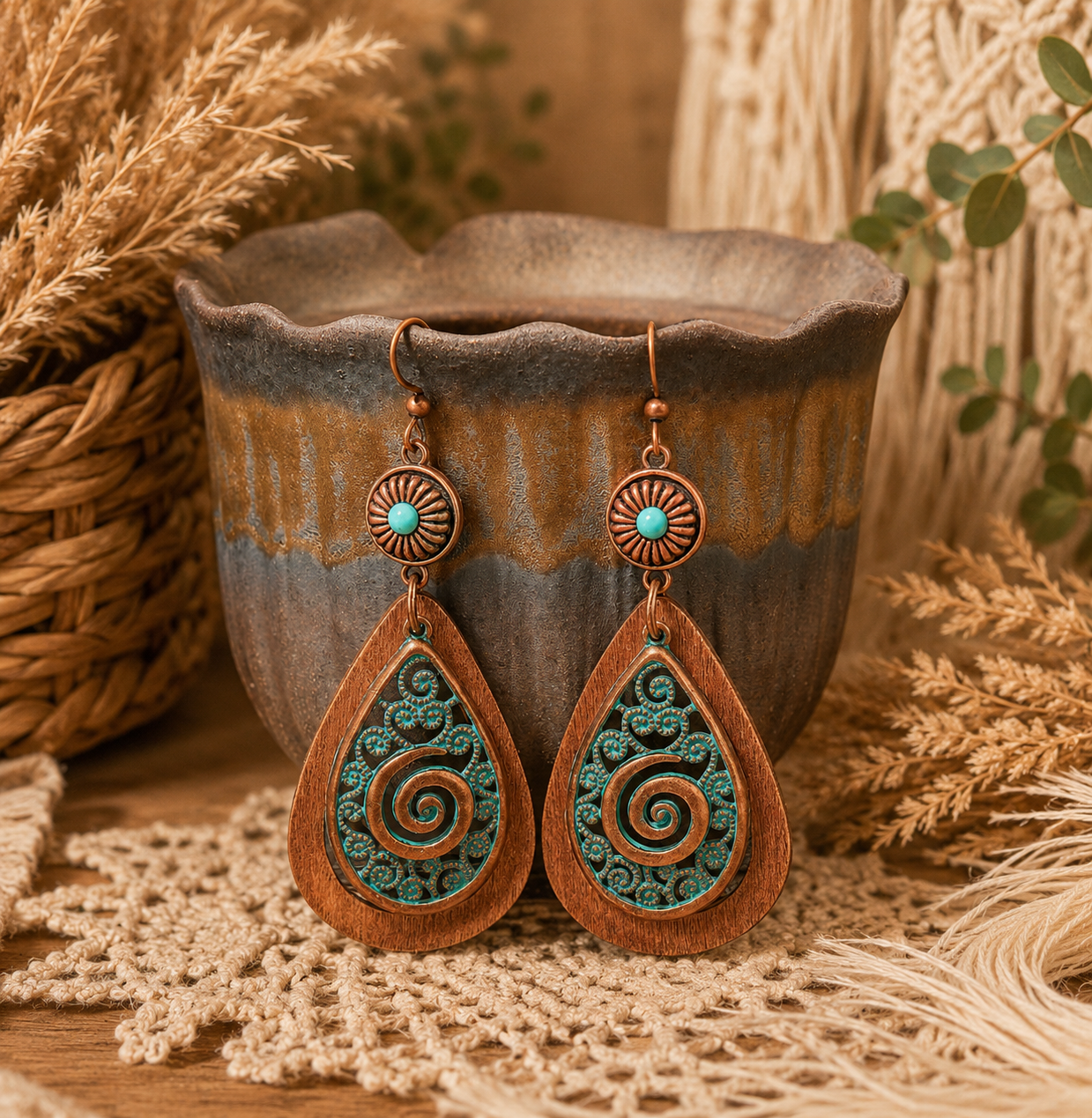 Boucles d’oreilles bohèmes goutte turquoise & cuivre