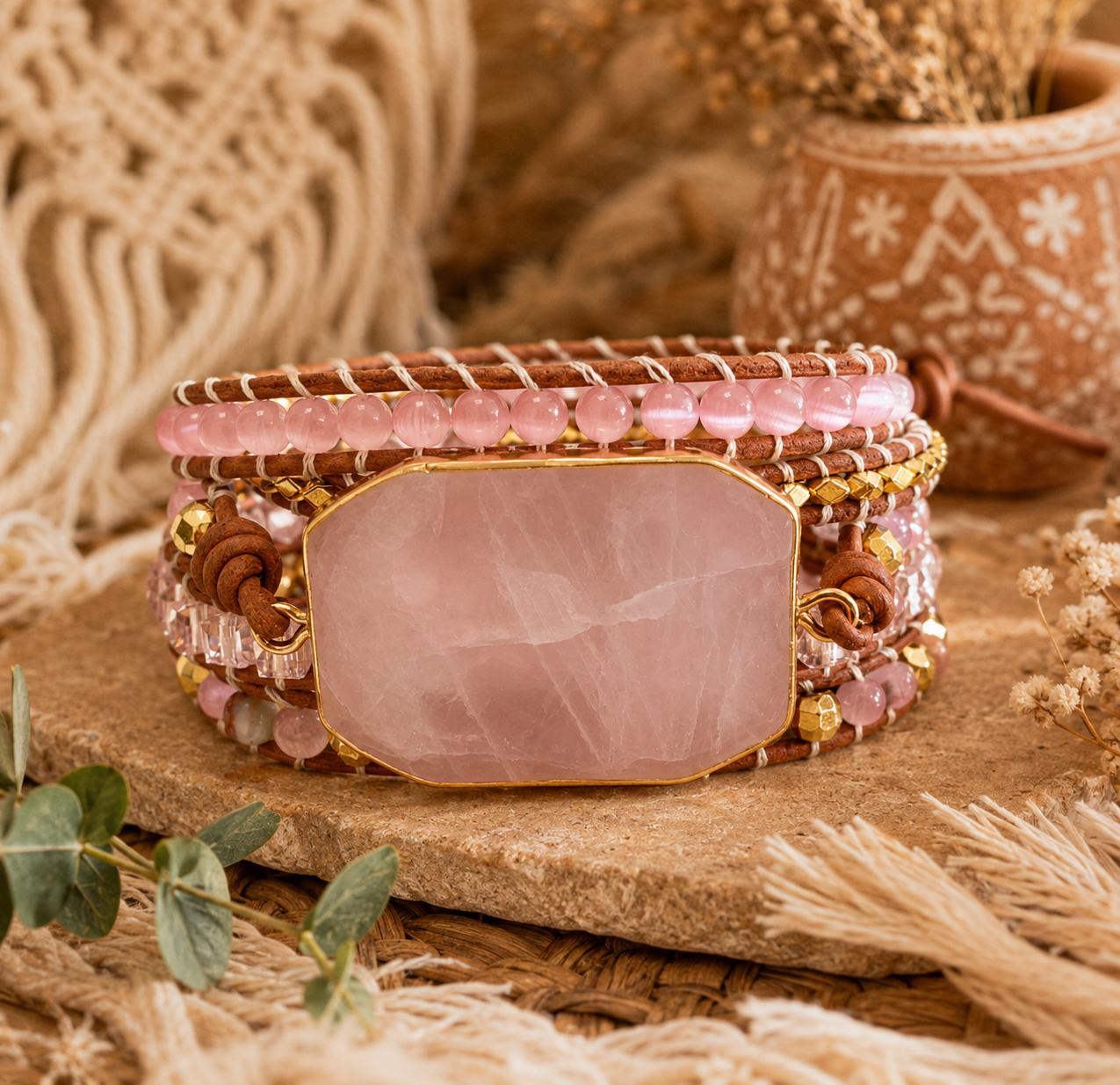 Bracelet manchette bohème multirangs en perles roses