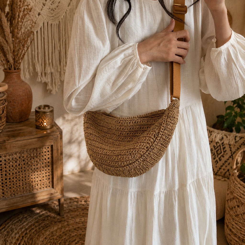 Sac Bandoulière Bohème en Crochet Beige