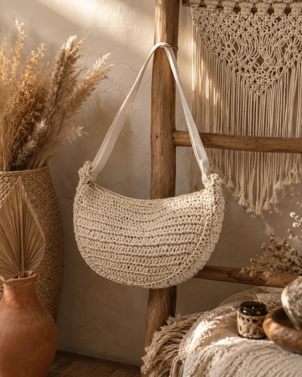 Sac Bandoulière Bohème en Crochet Beige