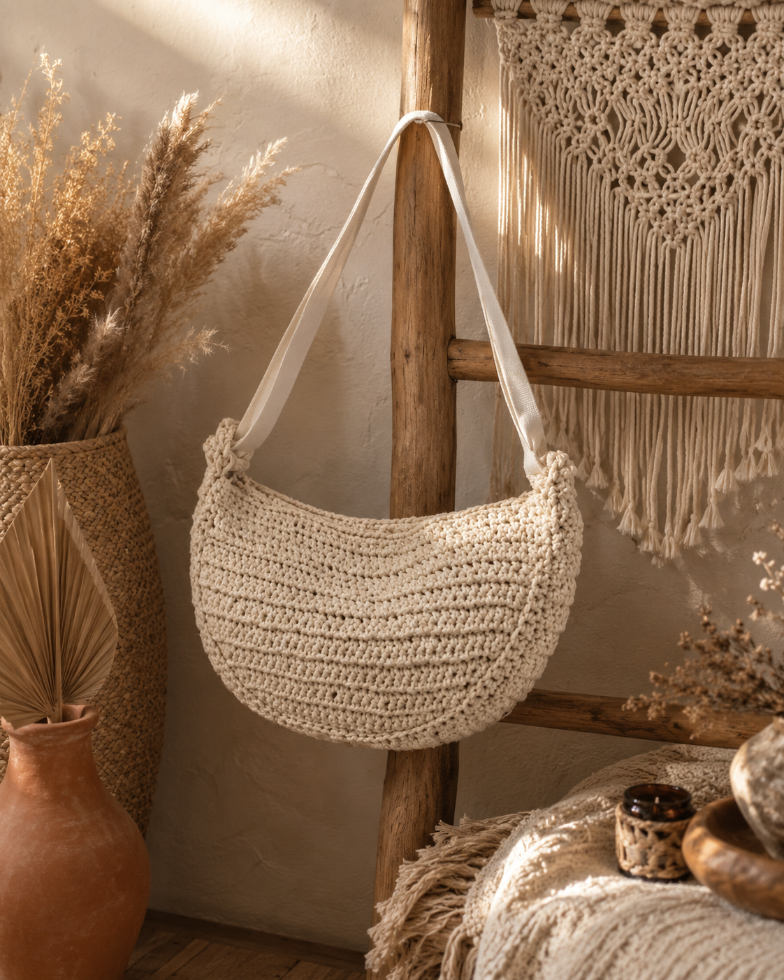 Sac Bandoulière Bohème en Crochet Beige