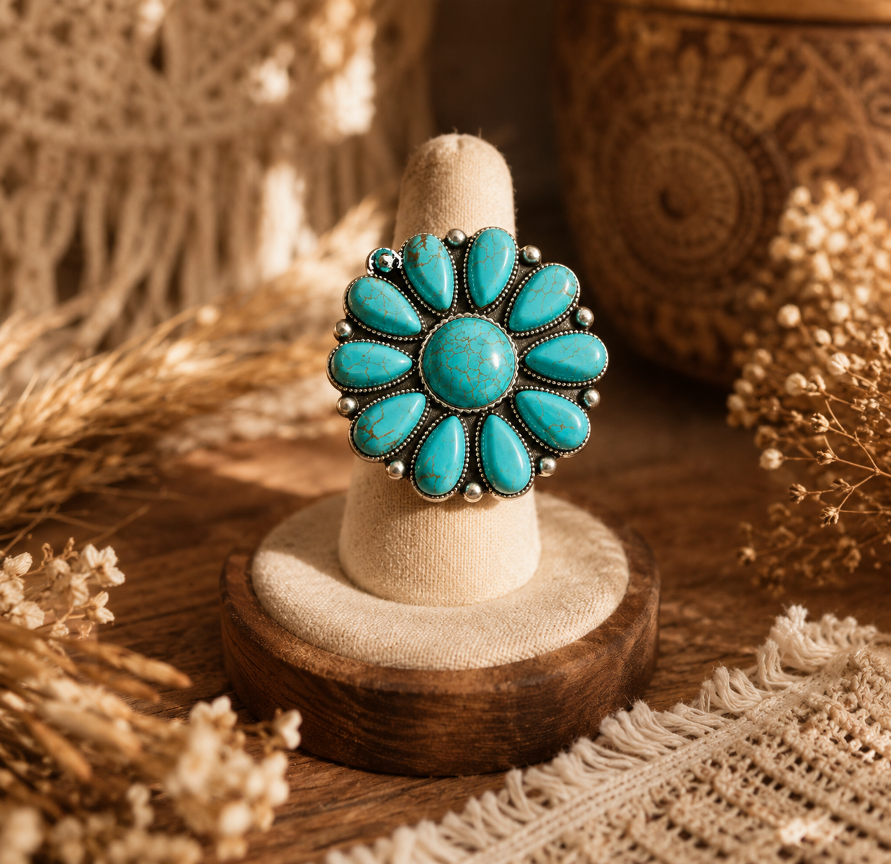 Bague Fantaisie Bohème Fleur Turquoise