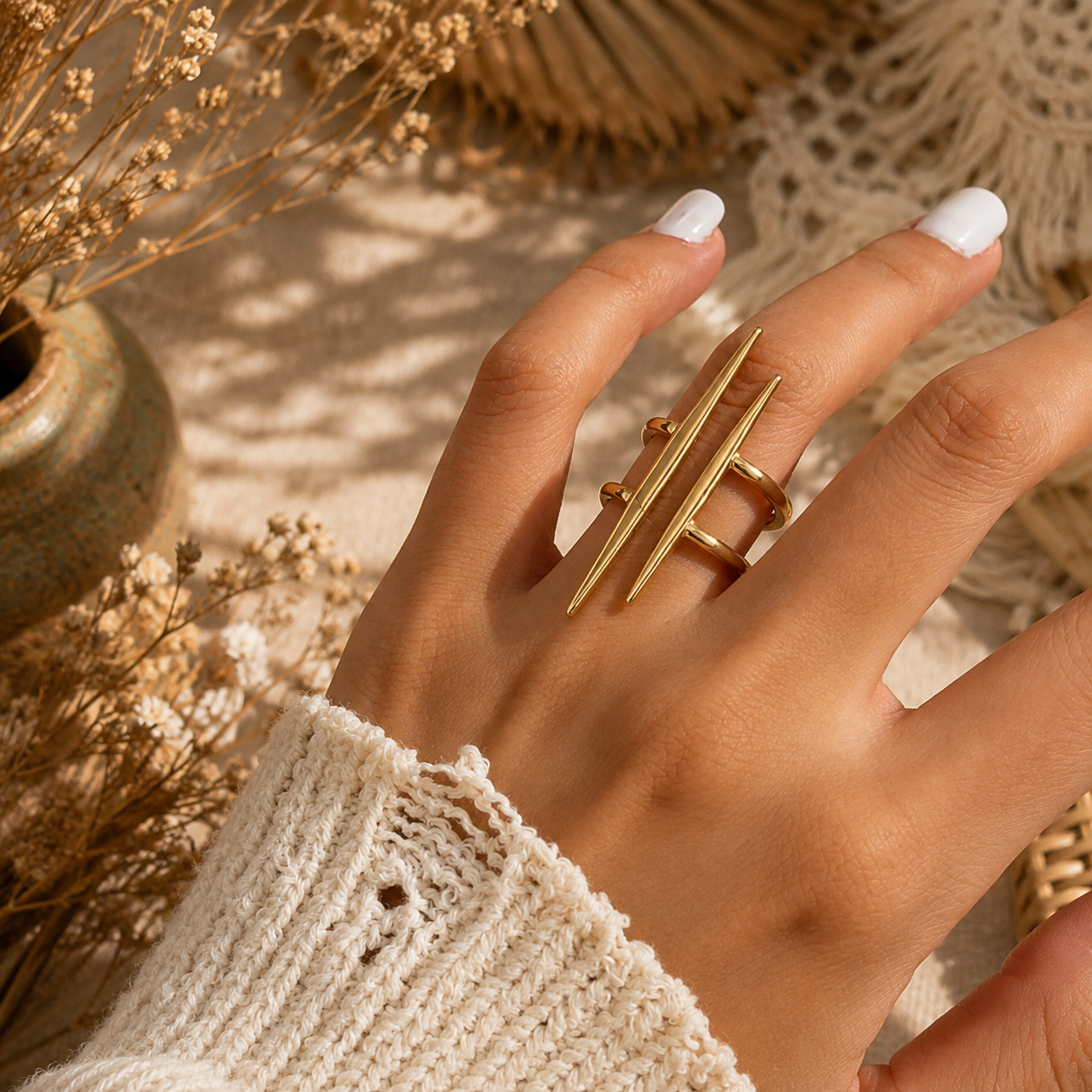 Bague Asymétrique Double Pointe – Acier Inoxydable Doré