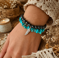 Bracelet Bohème Turquoise & Hématite – Pendentif Plume