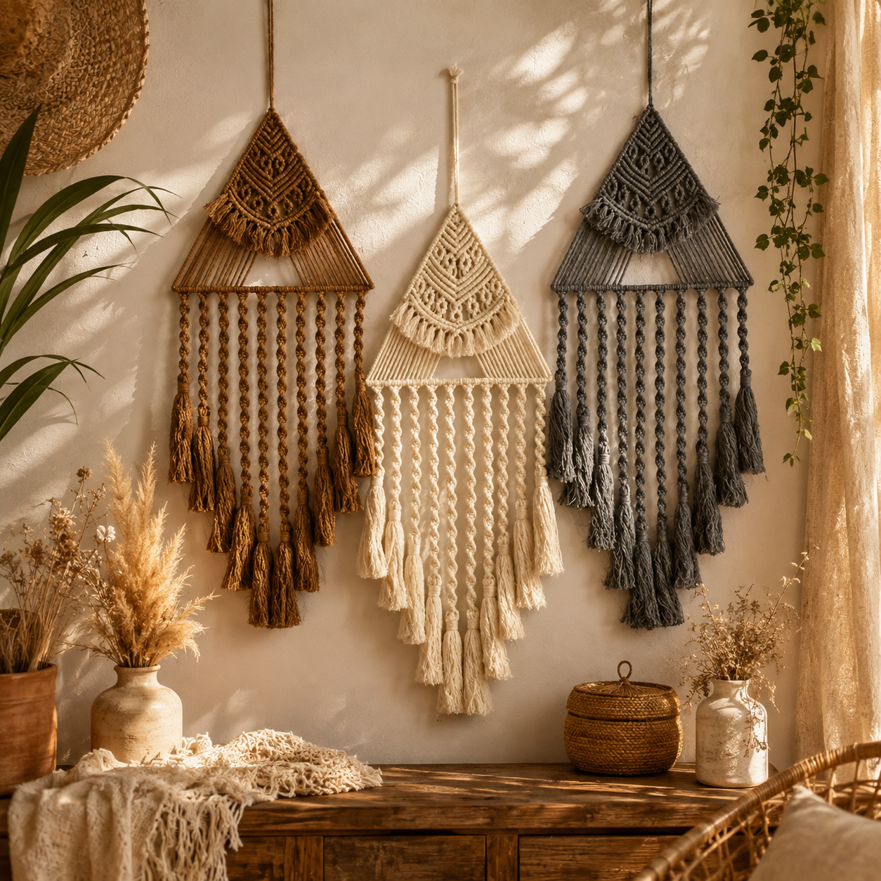 Décoration murale bohème en macramé – Suspension tissée artisanale