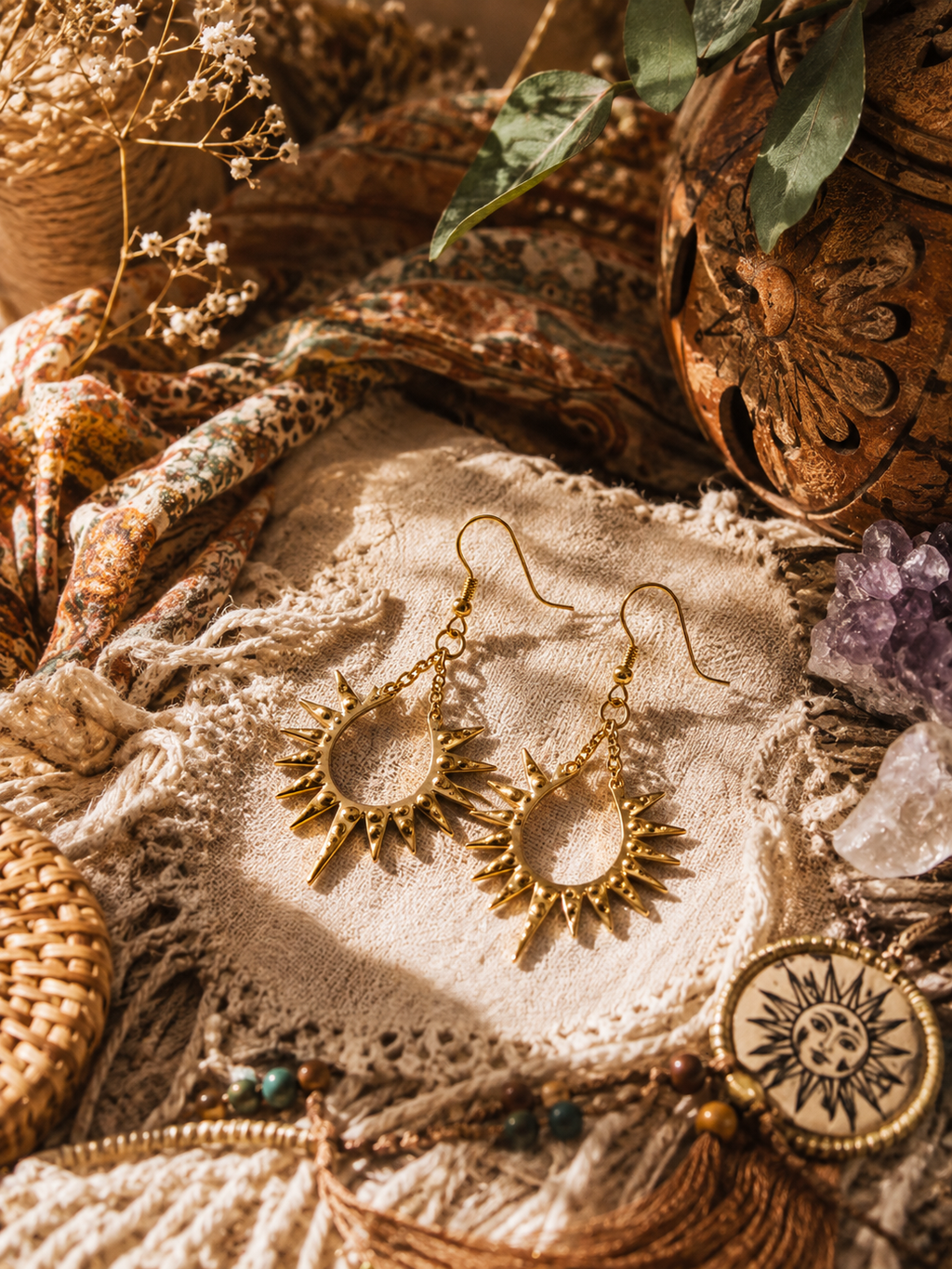 Boucles d’oreilles Soleil doré – Bijou bohème céleste