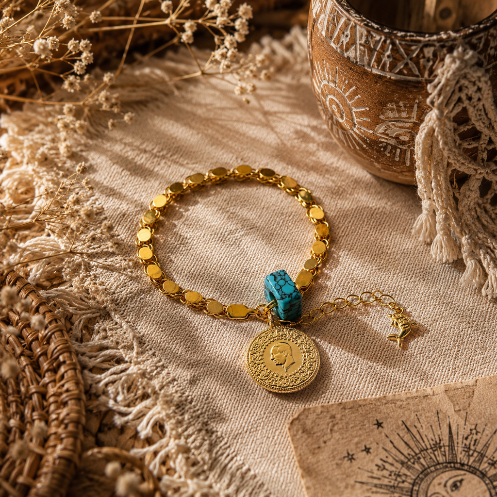 Bracelet Œil Protecteur Doré – Style Bohème avec Pendentif Pièce & Malachite