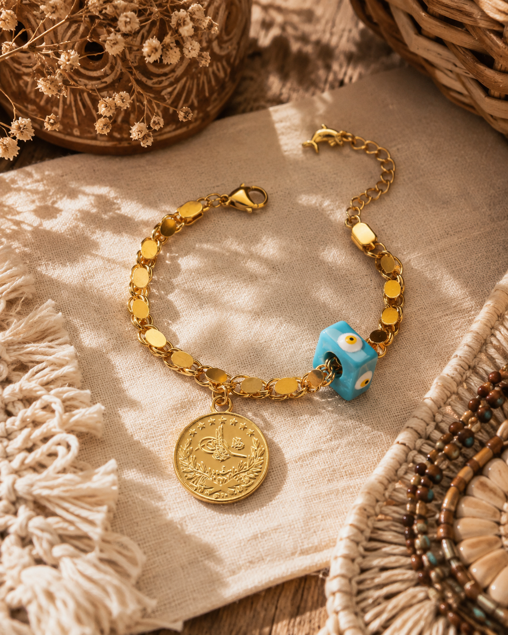 Bracelet Œil Protecteur Doré – Style Bohème avec Pendentif Pièce & Malachite