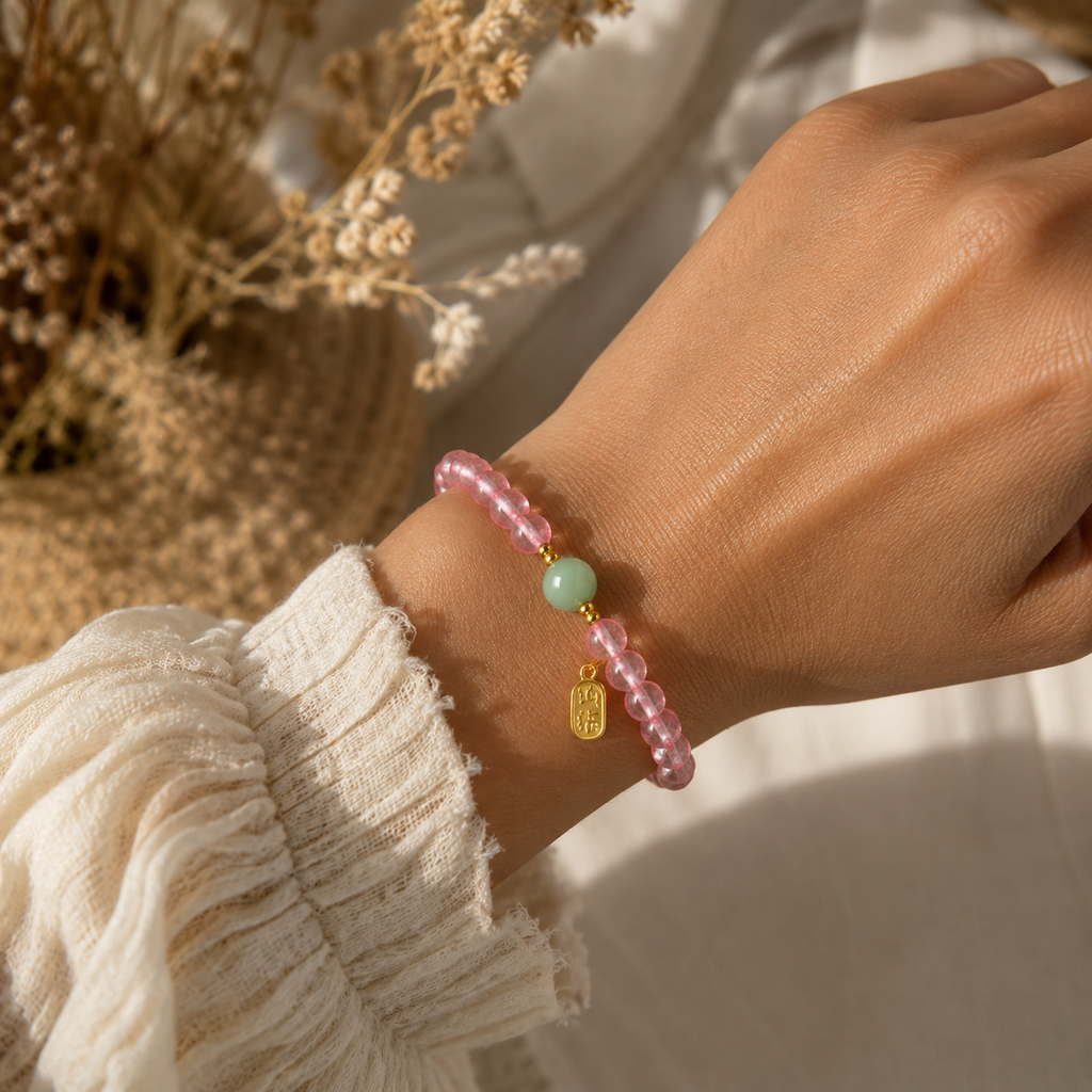 Bracelet Bohème Rose & Jade – Perles délicates et pendentif doré