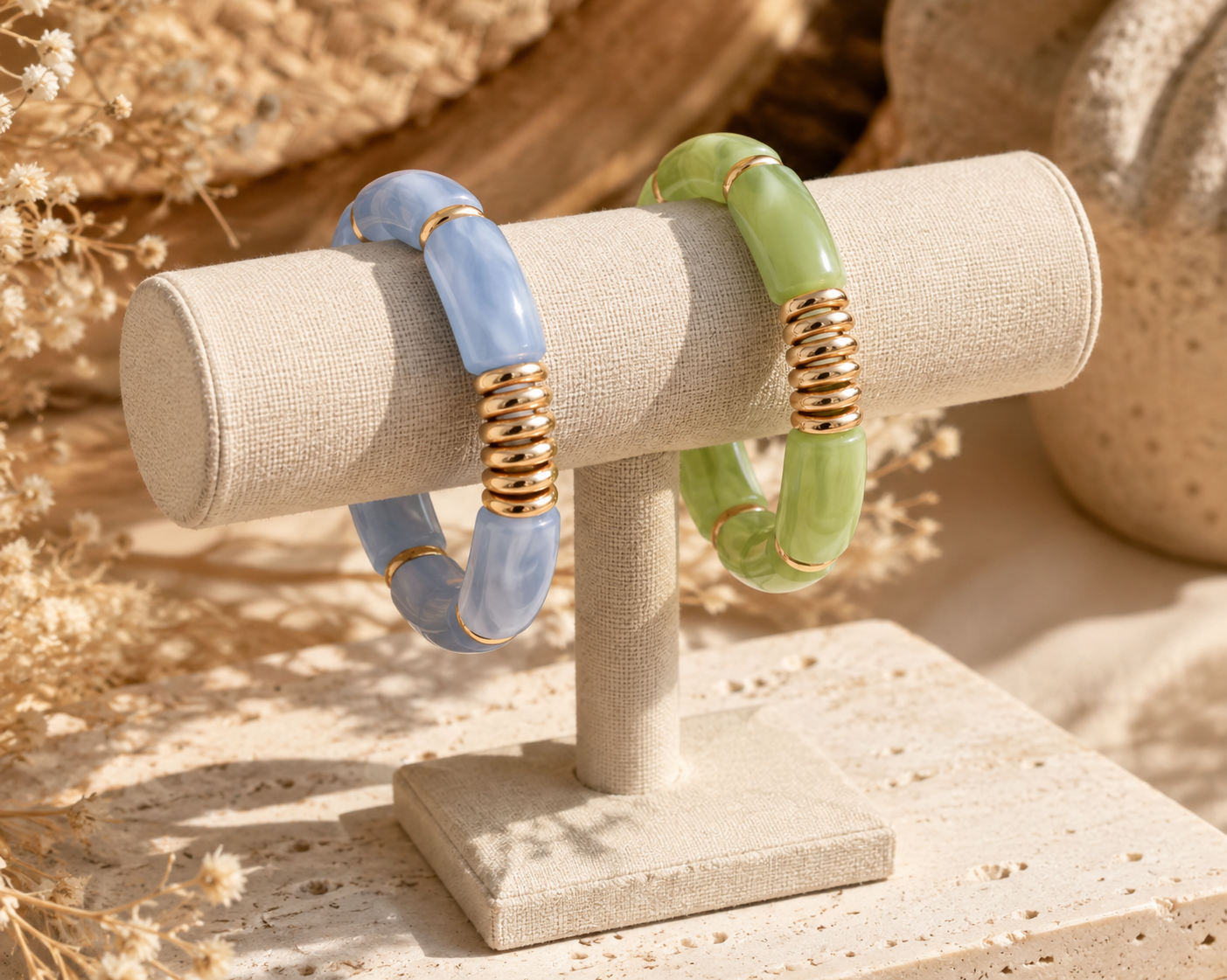 Duo de Bracelets Joncs en Résine & Acier Inoxydable – Bleu & Vert