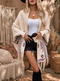 Poncho Bohème Écru à Motifs Ethniques & Franges