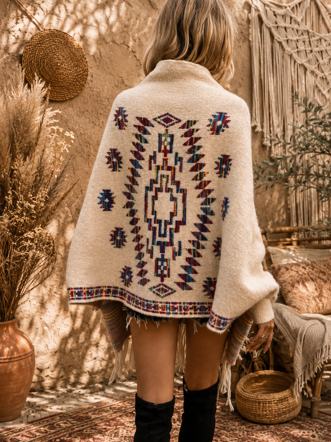 Poncho Bohème Écru à Motifs Ethniques & Franges
